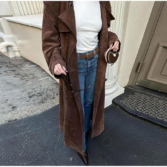 Womens Faux Suede Long Trench Coat Notched Lapel Double Breasted Pea Coat Overco - Picture 4 of 8